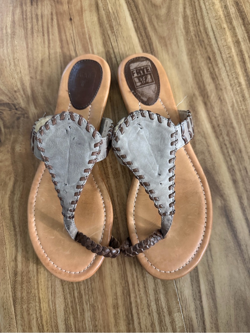 Frye Women's Gray Leather Braided Thong Sandals